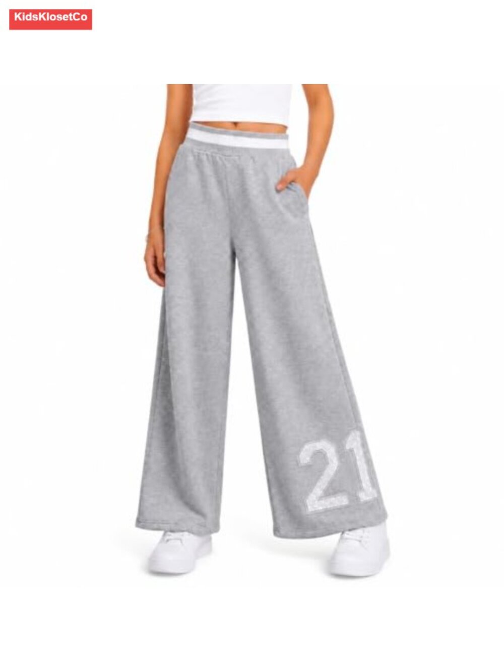 Girls Wide Leg Fleece Sweatpants Cotton Blend Baggy Applique